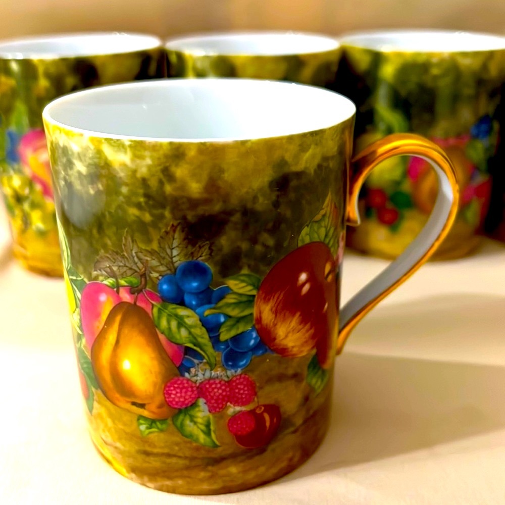 Set of 5 Rochard Limoges Mugs "Still Life" FRANCE Gold gilt hand painted- E1192